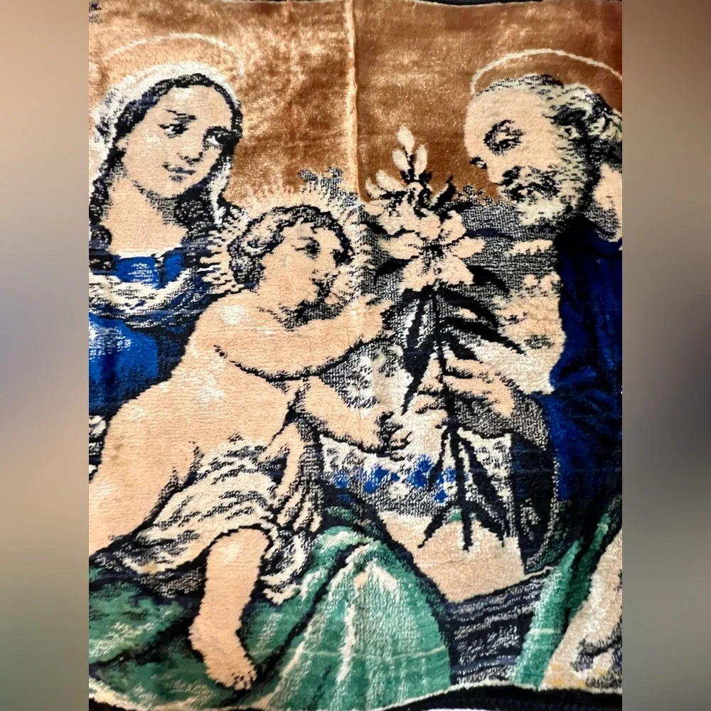 Antique Made in Italy Woven Tapestry Joseph Mary Baby Jesus Wall Decor Religious